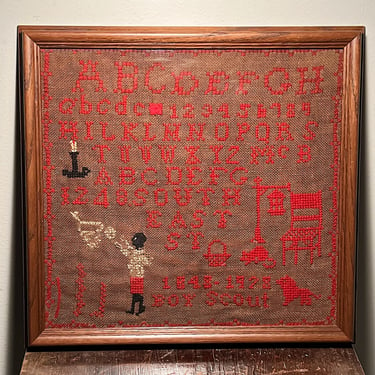 1920s African American Folk Art Sampler of Black Youth Playing Basketball - Rare Boy Scouts Needlework Samplers from Illinois -  Chicago? 