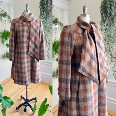 Vintage 1970s Coat | 70s Wool Checkered Plaid Brown Winter Swing Overcoat with Attached Scarf | large 