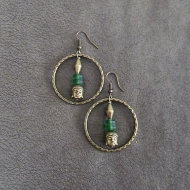 Bronze buddha and frosted glass hoop earrings 