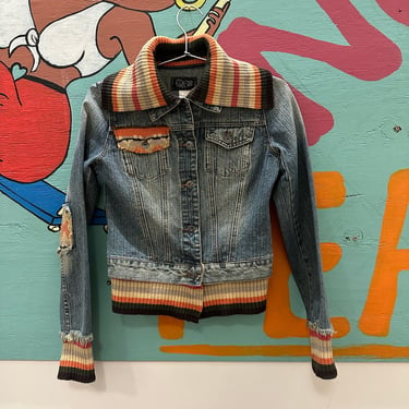 Y2K Miss Me denim jacket with ribbed striped sweater details / patches / oversize collar / small / frayed / 00s / Euro / bratz / 