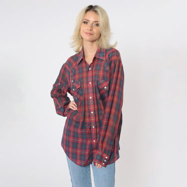 Vintage Distressed Western Shirt 80s Paint Splatter Thin Red Plaid Pearl Snap Rodeo 1980s Long Sleeve Cowboy Green Blue Men's Large L 