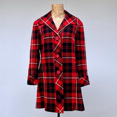 Vintage 1960s Red Plaid Wool Swing Car Coat, 60s Tartan Outerwear, Small 34