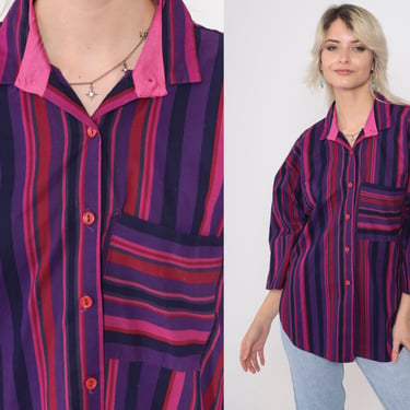 80s Button Up Shirt Purple Striped Blouse Fuchsia Red 3/4 Sleeve Top Curved Shirttail Hem Vintage 1980s Chest Pocket Medium 