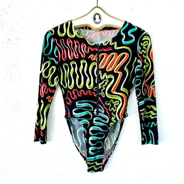 Vintage Norma Kamali Y2k Graphic Bodysuit One Piece Black Swimsuit Long Sleeve Rashguard 