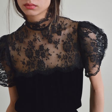 albert nipon black velvet dress with lace yoke and puff sleeve 