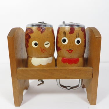 Vintage Anthropomorphic Wood Salt and Pepper Shakers with Bottle Opener and Corkscrew 