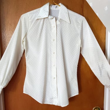 Patterned Vintage 60s 70s White Semi-Shiny Collared Button Down Long Sleeve Blouse Shirt 