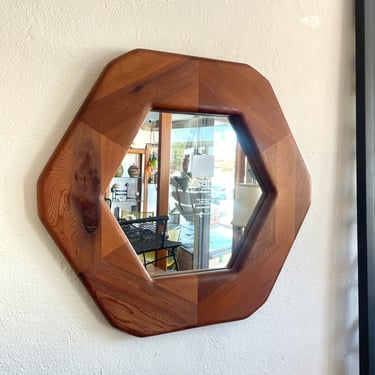 Hexagonal Wooden Wall Mirror 1970s Pieced Wood -  Mid Century Modern. Seventies Boho 