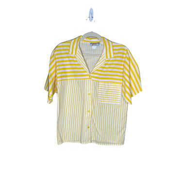 Vintage 80's Just Cristina Yellow White Striped Button Down Blouse Shirt, Size L 