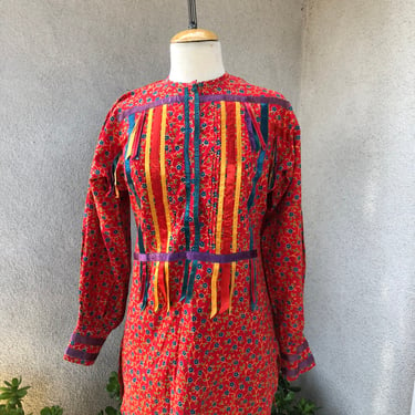 Vintage boho hippie tunic top orange floral multi colored ribbons cotton by Aroboho Joseph Magnin sz Small 