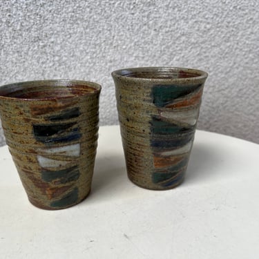 Vintage boho studio art browns pottery cups tumblers set 2 signed 