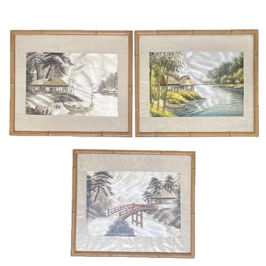 Three Chinese Silk Embroidery Tapestry Art Tropical Landscape in Rattan Frames 