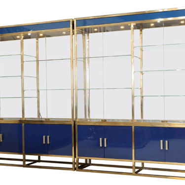 Monumental Custom Brass and Lacquered Wood Display Cabinets