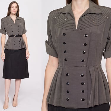 Small 1940s Black & White Striped Peplum Secretary Dress | Vintage 40s Cuffed Short Sleeve Midi Dress 