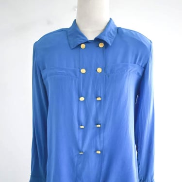 1980s Royal Blue Silk Blouse 