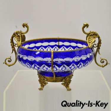 Bohemian Bronze Mounted Dragon Cobalt Blue Cut to Clear Centerpiece Platter Bowl