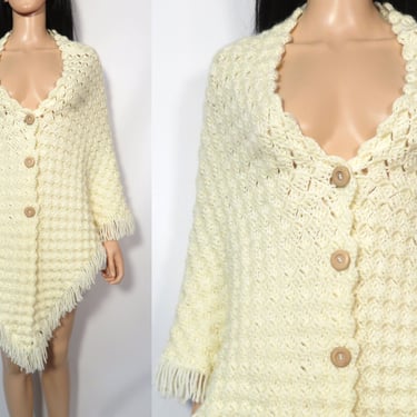 Vintage Crochet Grandma Poncho With Wooden Buttons S/M 