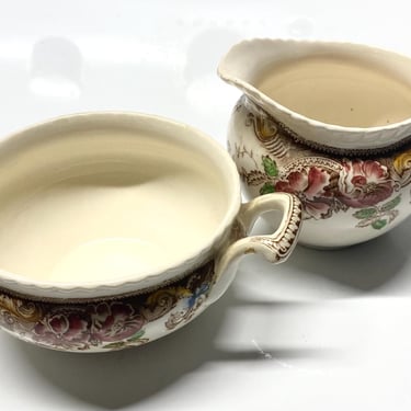 Devonshire Johnson Brothers Cream & Sugar Bowl Set~  English China, Floral White Vintage Tea Set- Brown Multicolor collection~ Replacement 