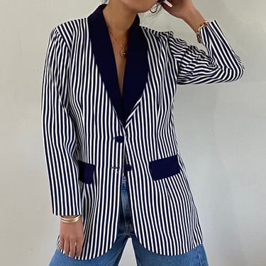 80s striped rayon blazer / vintage navy blue striped pinstripe lightweight contrast collar blazer | Small 