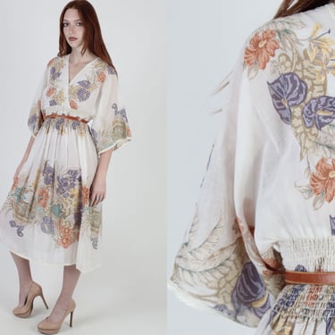 Bell Sleeve Mini Dress / Blue Garden Flower Wrap Dress / Vintage 70s V Neck Kimono Midi Dress 