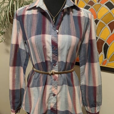 Vintage Late 1970s Multicolor Plaid with Gold Thread Blouse by Licorice X 