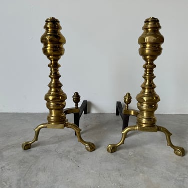 Pair Of Vintage American  Brass & Metal Andirons with Claw and Ball Feet 