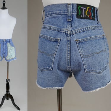 80s 90s Steel Jeans Shorts - 26 waist - Daisy Print Appliques - Cut Off Style - High Rise - Vintage 1980s 1990s - S 
