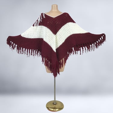 VINTAGE 70s Hand Knit Afghan Blanket Sweater Poncho with Fringe OSFM | 1970s Cream and Burgundy Crochet Sweater Jacket Cape | vfg 