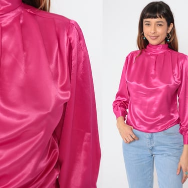 Pink Satin Shirt 80s Puff Sleeve Blouse Vintage Silky High Mock Neck Fuchsia Shirt Draped Long Sleeve Button Back Extra Small xs 2 Petite 