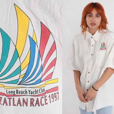 Long Beach Yacht Club Shirt Mazatlan Race 1997 90s Sailboat Button Up Nautical Shirt Mexico Short Sleeve White Vintage 1990s Extra Large xl 