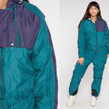 90s Snowsuit Teal Green Ski Suit Color Block One Piece Jumpsuit Winter Coveralls Belted Retro Snow Sportswear Vintage 1990s Medium M 