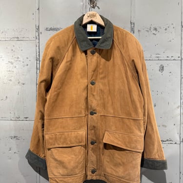Vintage Leather Chore Jacket Barn Coat Flannel lined Barn Leather Collar Brown Large 