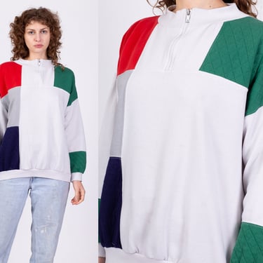 80s Color Block Quarter Zip Sweatshirt - XXL | Vintage Quilted Panel Athletic Pullover 