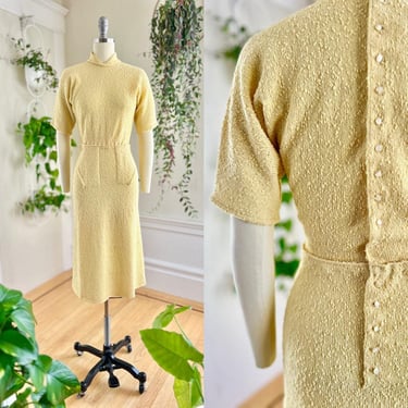 Vintage 1940s 1950s Sweater Dress | 40s 50s Yellow Knit Wool Dress with Belt Deadstock NWT Sweaterdress | x-small/small 