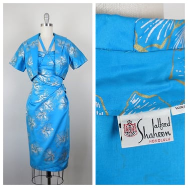 Vintage 1950s Alfred Shaheen dress and matching bolero, 1960s, halter, sarong, Hawaiian print, hibiscus, metallic, wiggle 