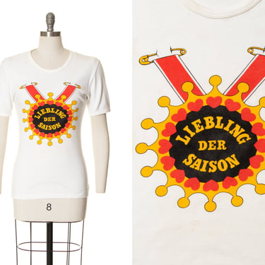 Vintage 1980s T-Shirt | 80s German "Favorite of the Season" Trompe L'oeil Novelty Print White Cotton Jersey Graphic Tee Shirt (small/medium) 