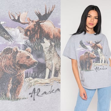 Alaska Wildlife Shirt Y2K Animal TShirt Bear Moose Eagle Wolf Shirt Vintage Retro Graphic Shirt Screen Print 00s t shirt Grey Medium Large 
