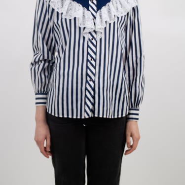 1980s Navy Blue and White Cotton Western Shirt