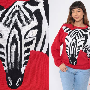 90s Zebra Sweater Red Graphic Animal Print Pullover Knit Sweater Jacquard Jungle Novelty Print Crewneck Sweater Vintage 1990s Cotton Small 