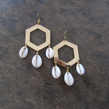 Hexagon and cowrie shell earrings 