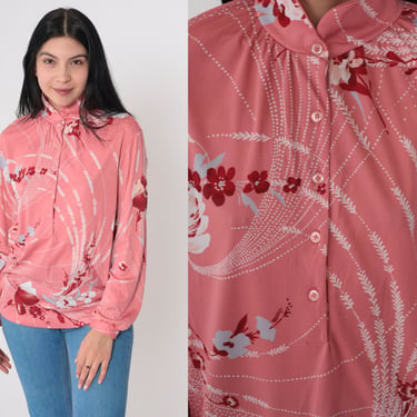 70s Pink Floral Blouse Half Button Up Top Disco Shirt High Mock Neck Flower Wheat Print Boho Hippie Groovy Long Sleeve Vintage 1970s Medium 
