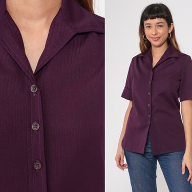 70s Purple Blouse Button Up Shirt Retro Boho Collared Top Plain Simple Preppy Minimal Short Sleeve Vintage 1970s Graff Small 
