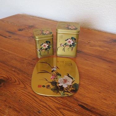 Vintage Tea Tin Boxes 2 Hong Kong Matching Travel Gold Floral Bird 