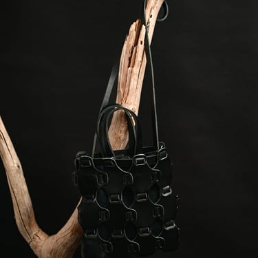 Black Leather and Cotton Small Braided Tote Bag