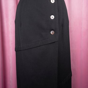 Vintage 1950s Nat Gordon Black Wool Wrap Skirt with Abalone Buttons and Asymmetrical Seam Detail 