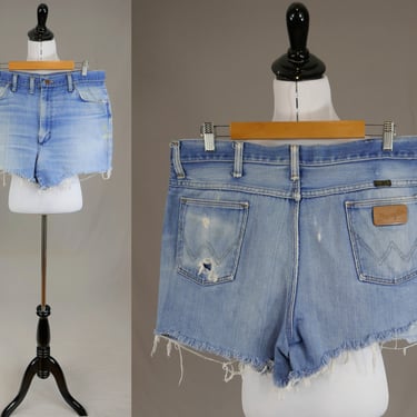 80s Men's Wrangler Cut Offs - 35" 36" waist - Distressed Denim Jean Shorts - Lots of fade, some fraying, paint, pocket hole - Vintage 1980s 