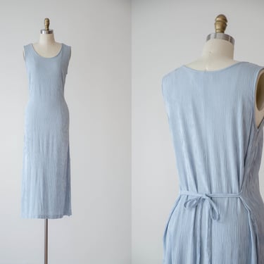 light blue dress | 90s vintage pastel sky blue minimal striped ribbed pleated sleeveless tie back midi dress 