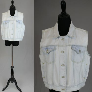 80s Sleeveless Denim Vest - Pale Blue Cotton Jean - Bon Magique - Vintage 1980s - L 44" bust 