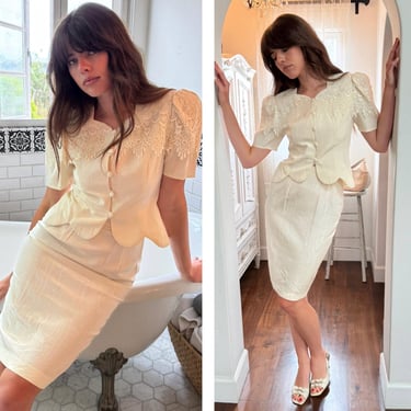 Cream White 80s Lace blazer Suit 2 Piece Dainty High waist wiggle skirt S M 