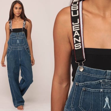 FUBU Overalls Pants 90s Streetwear Denim SPELLOUT Pants Bib Baggy Spell Out Long Jean Pants 1990s Hipster Vintage Dungarees Medium 